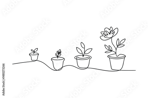 Continuous line drawing illustrating stages of plant growth from seed to blooming flower