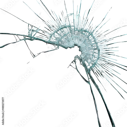 Shattered glass with radiating cracks on a black background, creating an abstract, broken pattern