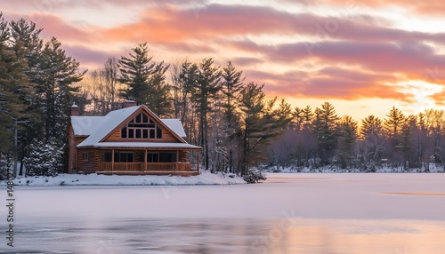 Peaceful winter cabin on a frozen lake at sunrise.