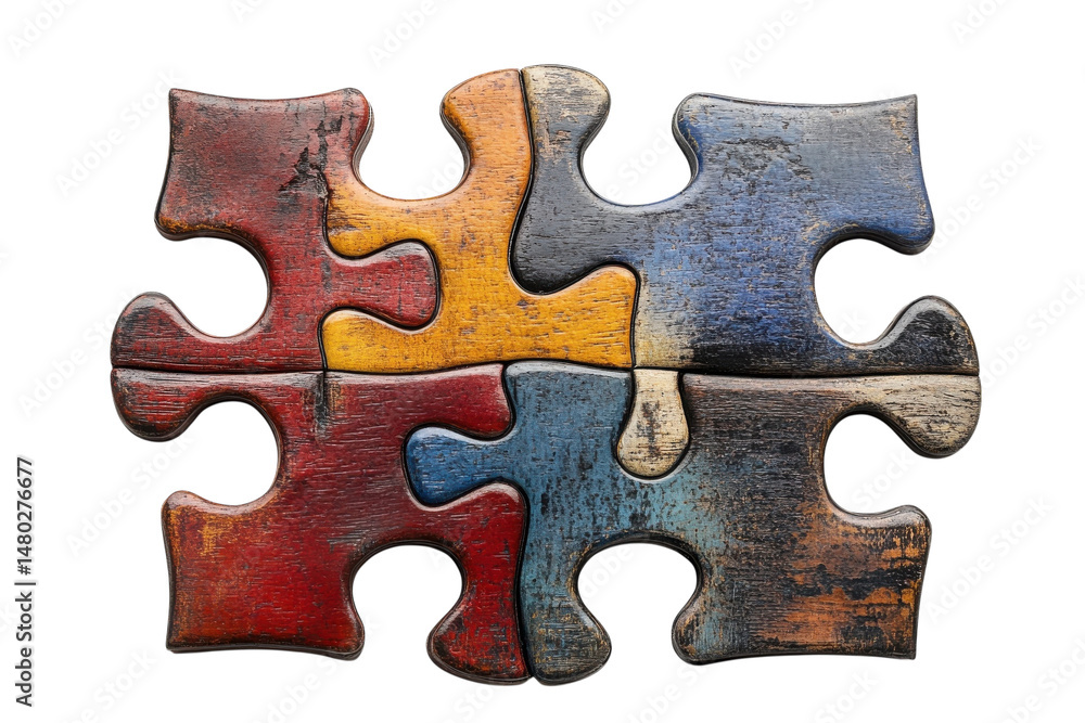 Fototapeta premium Colorful Wooden Puzzle Pieces Interlock Teamwork Concept Collaboration on transparent background