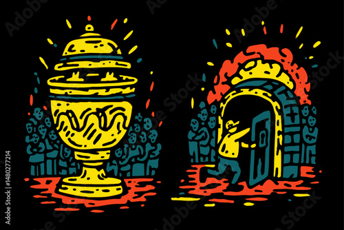 Bold Illustration of a Man Escaping a Fiery Doorway and Golden Urn