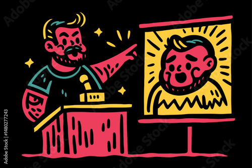 Colorful Cartoon Illustration of a Speaker Pointing at a Presentation