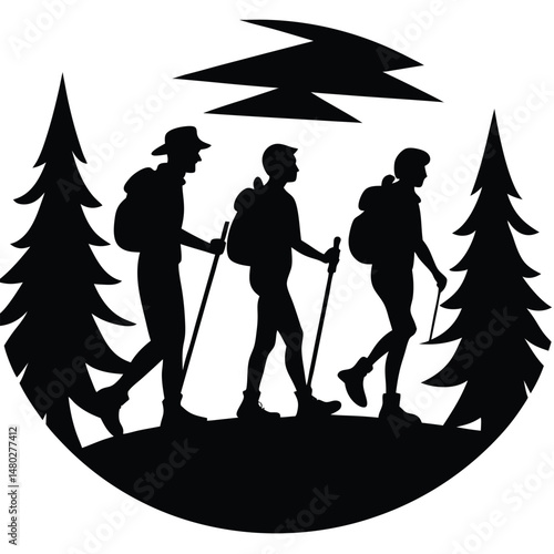 Three Hikers Silhouette in Mountain Landscape Nature Adventure Illustration