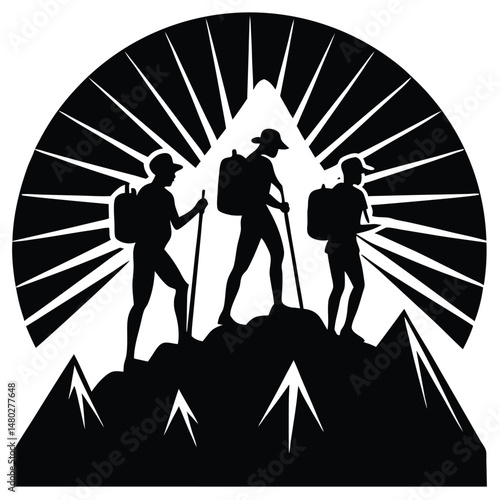 Silhouette of Hikers Conquering Mountain Peak A Thrilling Adventure Illustration