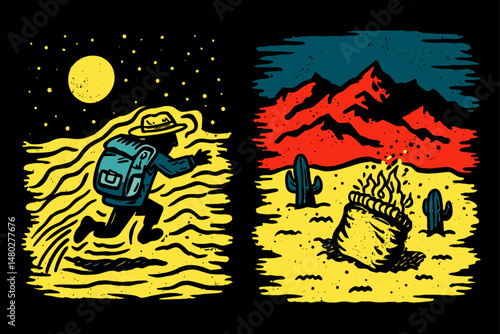Adventurer Trekking Through Desert Landscape with Mountain Backdrop