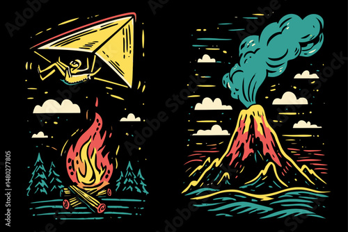 Adventurous Illustration of Hang Glider Over Campfire and Volcano