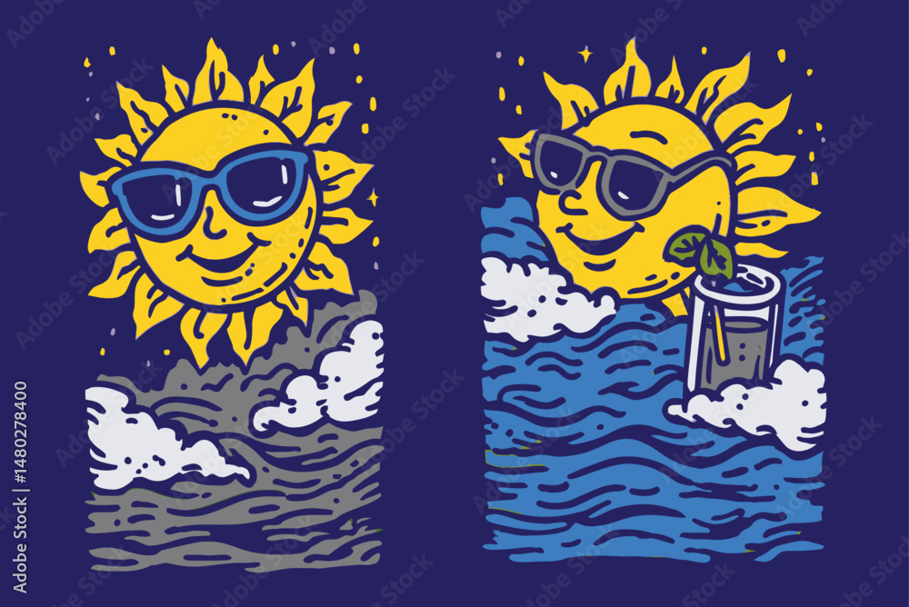 Obraz premium Cheerful Sun Illustration with Sunglasses and Cool Beverage Design