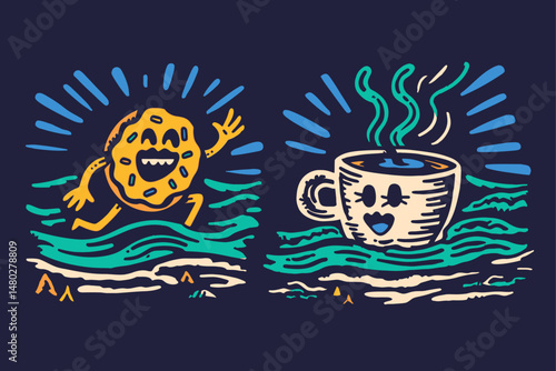 Playful Cookie and Coffee Illustration on Dark Background Design