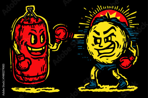 Colorful Cartoon Illustration of Punching Bag and Boxing Character