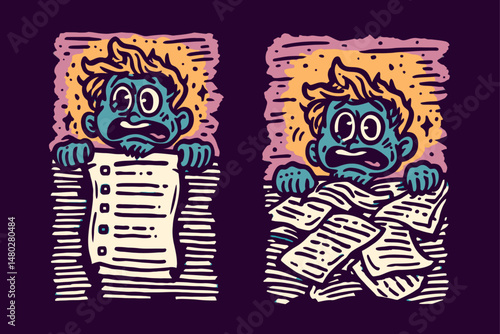 Creative Illustration of a Boy Overwhelmed by Paperwork Chaos