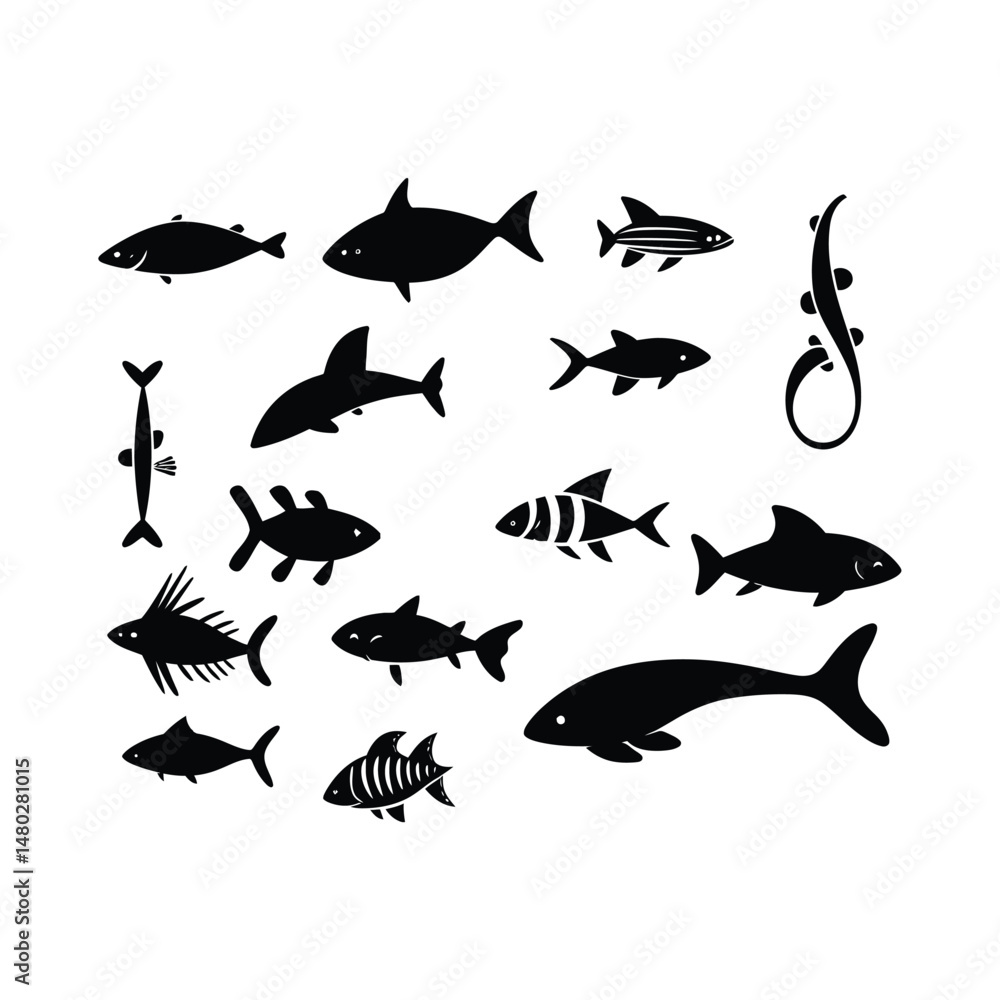 Fototapeta premium Sea Animals Set Black Silhouette Clipart on a White Background