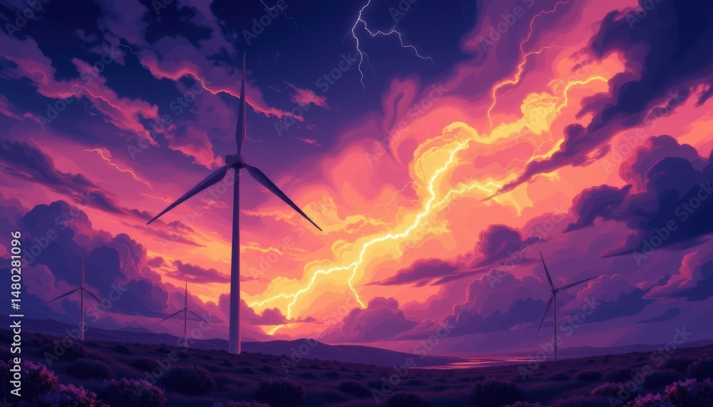 Obraz premium Vibrant sunset over wind turbines in a stormy sky.