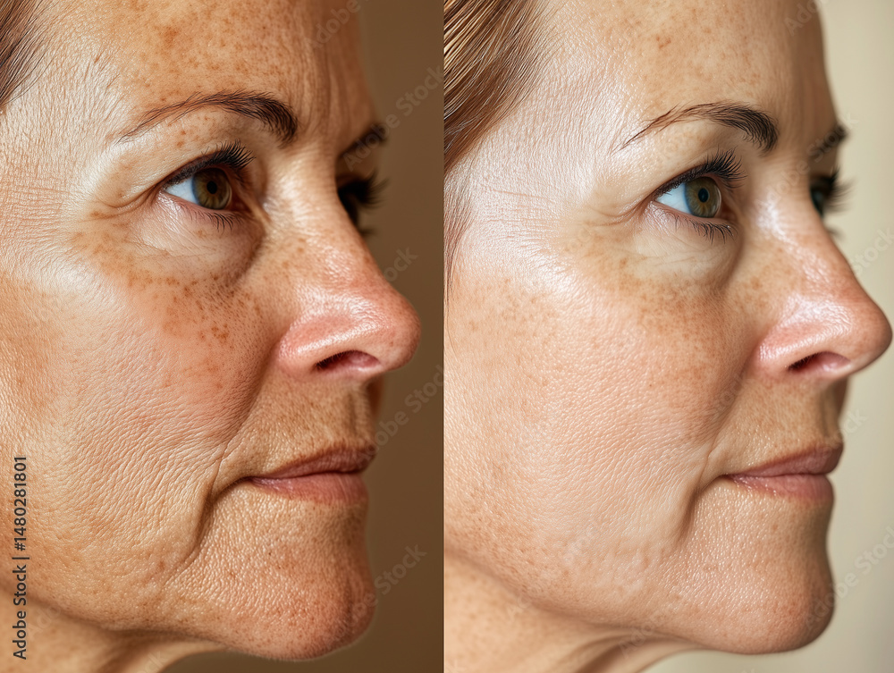 Fototapeta premium A close-up side-by-side comparison of a mature woman's face before and after a skin rejuvenation or anti-aging treatment. The image highlights improved skin texture, reduced wrinkles, and enhanced rad