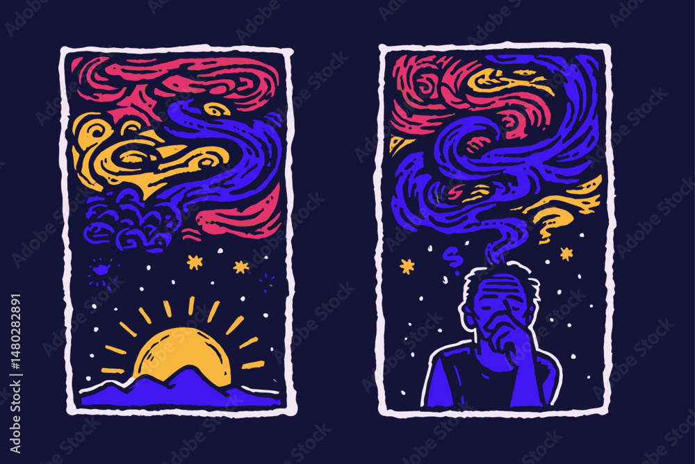 Vibrant Artistic Illustration of Human Reflection and Cosmic Scene Vibrant Artistic Illustration of Human Reflection and Cosmic Scene
