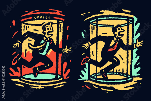 Creative Illustration of Businessman Escaping from Office Concept