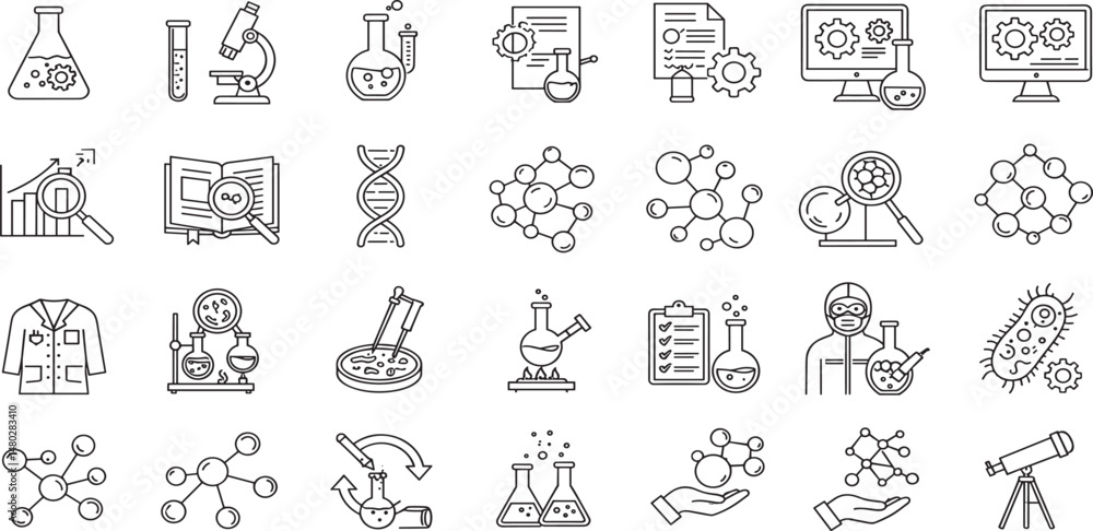 Science Editable Icons set. Vector illustration in modern thin line style of research related icons: laboratory, scientist, equipment, and more Science Editable Icons set. Vector illustration in modern thin line style of research related icons: laboratory, scientist, equipment, and more
