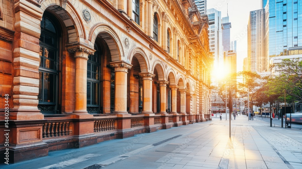 Fototapeta premium Historic Architecture Along Sunny Urban Street at Golden Hour