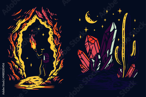 Adventurous Explorer in Cave with Crystals and Desert Landscape