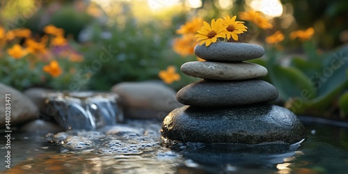 Stacked stones adorned with blossoms by waterfall