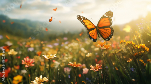 Monarch Butterfly Soaring Over Wildflowers Golden Hour Meadow