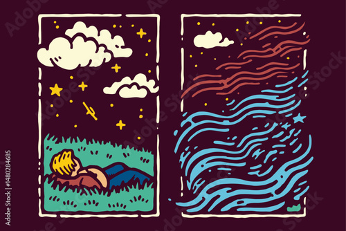Dreamy Illustration of a Person Gazing at Stars in Nature Scene