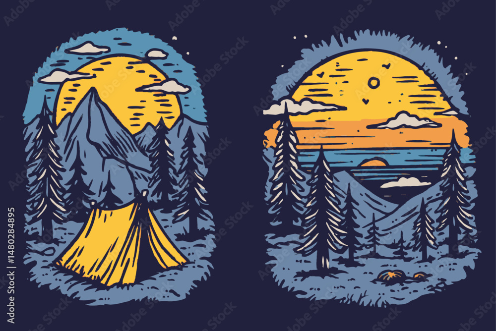 Detailed Illustration of Camping Scene with Mountains and Sunsets Detailed Illustration of Camping Scene with Mountains and Sunsets