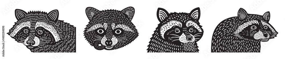 Obraz premium Hand-Drawn Doodle Illustrations of Raccoons in Black and White Style