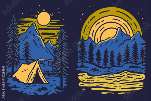 Vintage Style Camping Illustration with Mountains and Sunshine