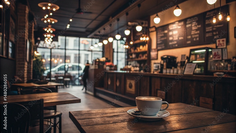 Fototapeta premium Cozy Coffee Shop Atmosphere with a Latte on Wooden Table