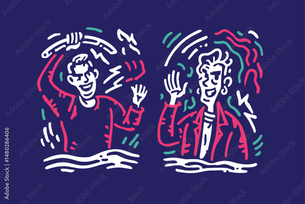 Playful Illustration of Two Characters Waving with Colorful Lines Playful Illustration of Two Characters Waving with Colorful Lines