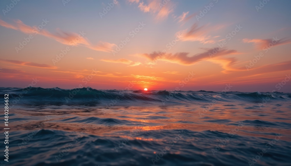 Obraz premium Sunset over waves creating a serene seaside scene.