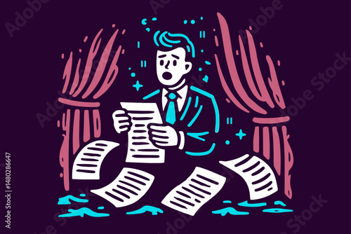 Dramatic Illustration of a Man Holding Papers Behind Curtains