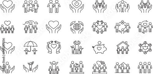 Relationships line Editable Icons set. Vector illustration in modern thin line style of people human care related icons: customer, selling, product delivery, and more.