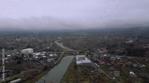Beautiful Aerial View of Landscape in Adjara, Georgia Showcasing Rivers, Fields, and Vibrant Settlements