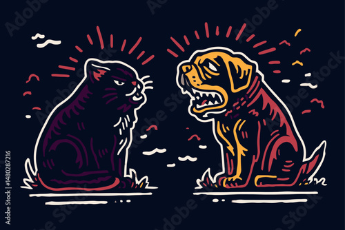 Playful Illustration of Cat and Dog in Colorful Drawing Style