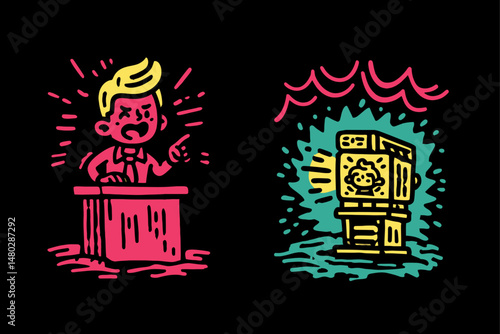 Colorful Illustration of Boy at Podium and a Shining Machine