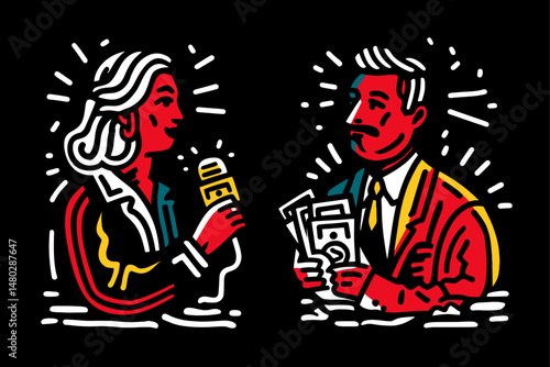 Colorful Illustration of Interview Scene with Reporters and Businessman