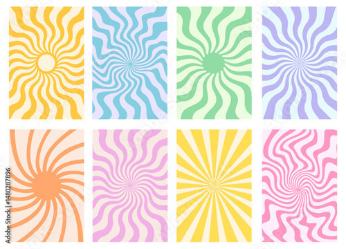 Set Of Groovy Psychedelic Swirl Rays Patterns Vector Design. Collection of Abstract Sun Beams Shine Geometric Funny Playful Backgrounds. Trippy Textures.