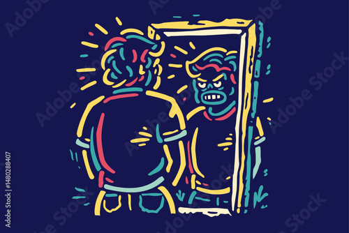 Colorful Illustration of a Person Looking in a Mirror with Emotion