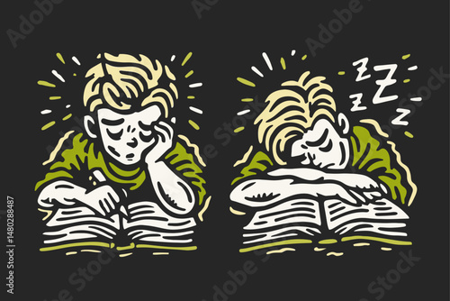 Creative Drawing of a Boy Studying and Falling Asleep at Desk