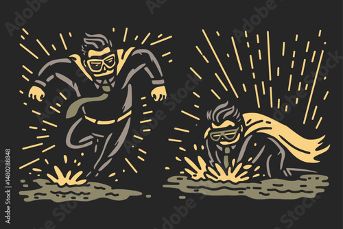 Dynamic Superhero Illustration with Action Poses and Vibrant Colors