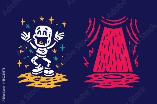 Vibrant Illustrated Character with Curtains and Stars in Background