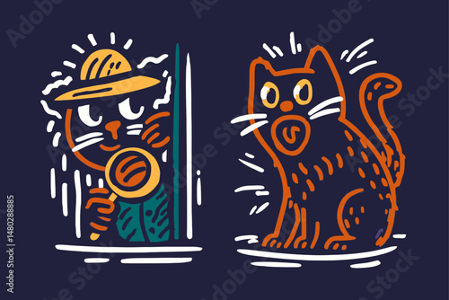Playful Detective Cat and Curious Cat Illustration in Vibrant Colors