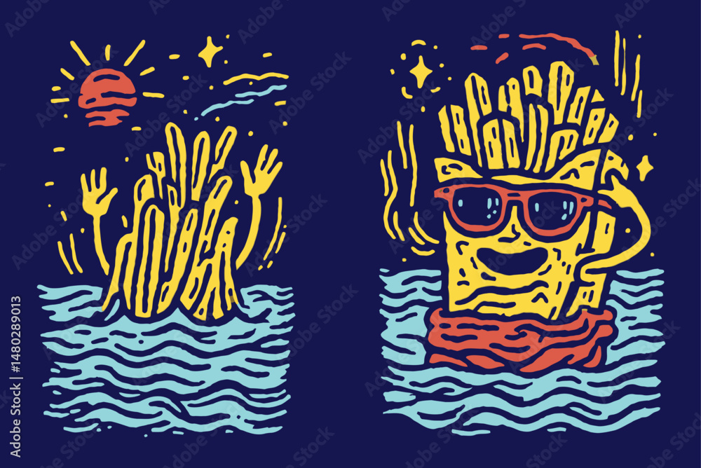Obraz premium Playful French Fries Character Swimming with Sunglasses and Sun