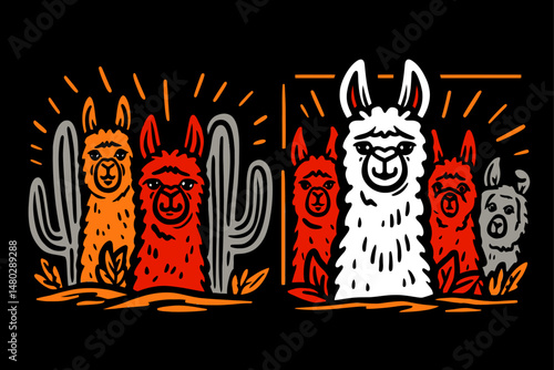 Colorful Illustrative Drawing of Llamas with Cacti in Background