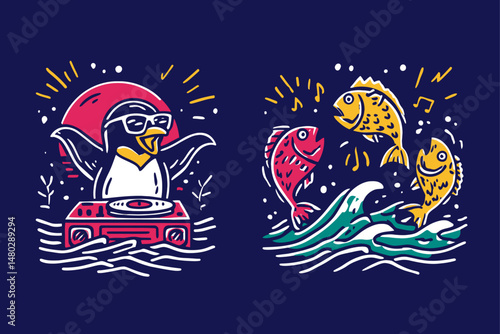 Cool Penguin DJ with Fish and Waves in Vibrant Illustration Design