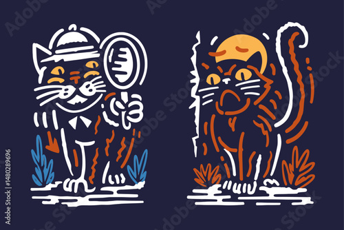 Playful Cat Illustration with Detective Theme on Dark Background