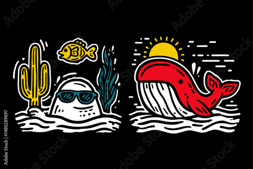 Colorful Illustration of a Whale, Fish, and Cactus in a Vibrant Scene