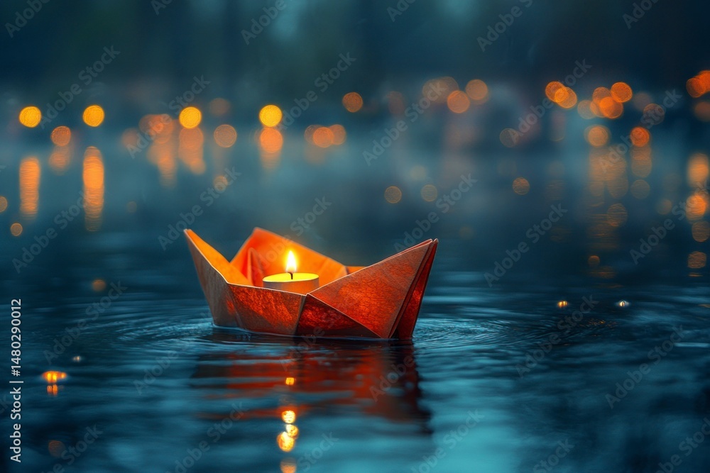 Fototapeta premium Glowing paper boat floats on tranquil water at night