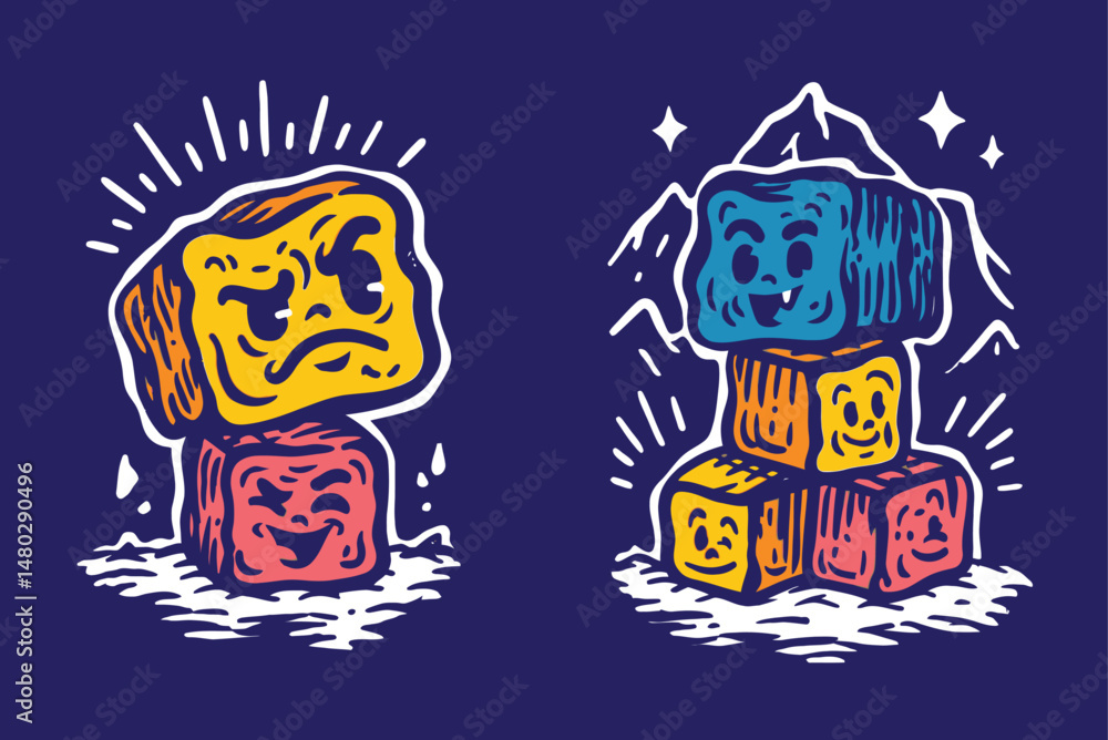 Colorful Cartoon Cube Characters on Dark Background in Artistic Style Colorful Cartoon Cube Characters on Dark Background in Artistic Style